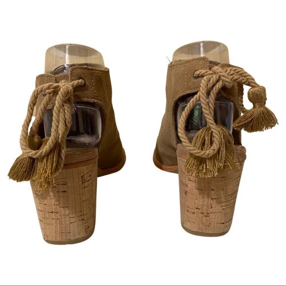 TOMS Tan Elba Suede Perforated Peep Toe Heeled Sandal - Picture 4 of 9